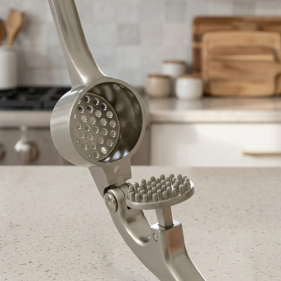 Complete Kitchen Garlic Press Set: Ergonomic Soft Handle Garlic Mincer, Silicone Peeler, and Cleaning Brush (3-Piece Set)