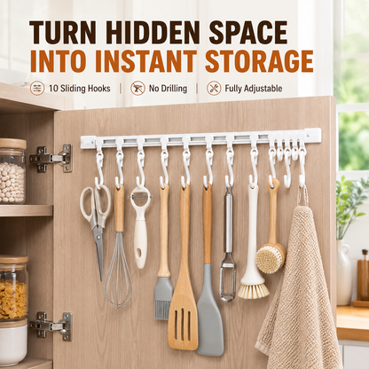 havitera®No-Drill Sliding Rail Hook Organizer – 10 Adjustable Cabinet Hooks