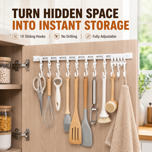 havitera®No-Drill Sliding Rail Hook Organizer – 10 Adjustable Cabinet Hooks