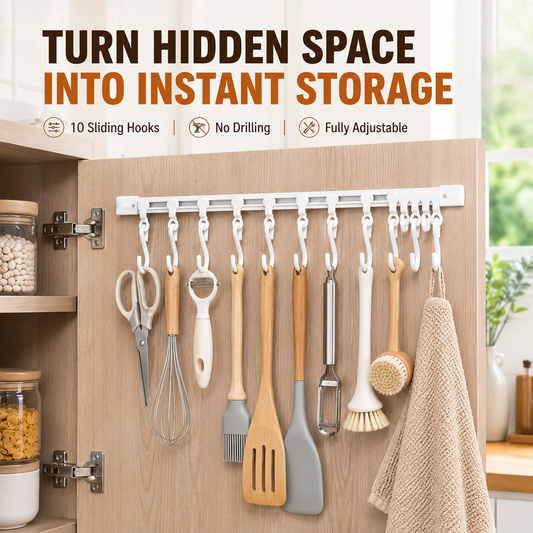 havitera®No-Drill Sliding Rail Hook Organizer – 10 Adjustable Cabinet Hooks