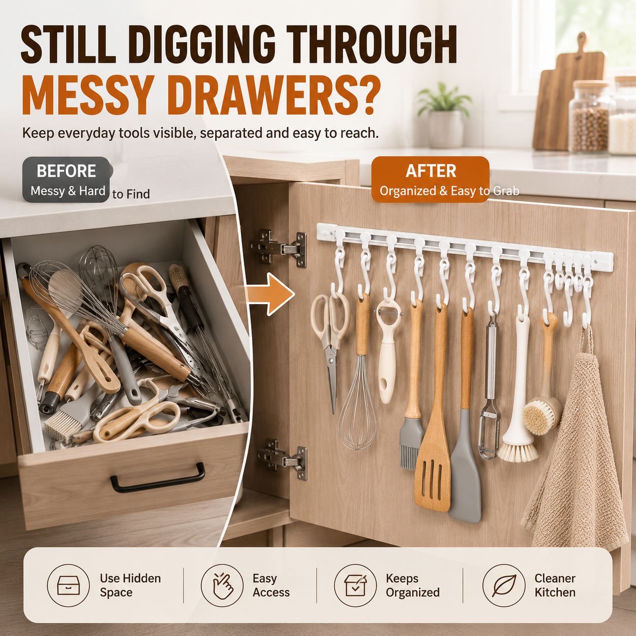 havitera®No-Drill Sliding Rail Hook Organizer – 10 Adjustable Cabinet Hooks