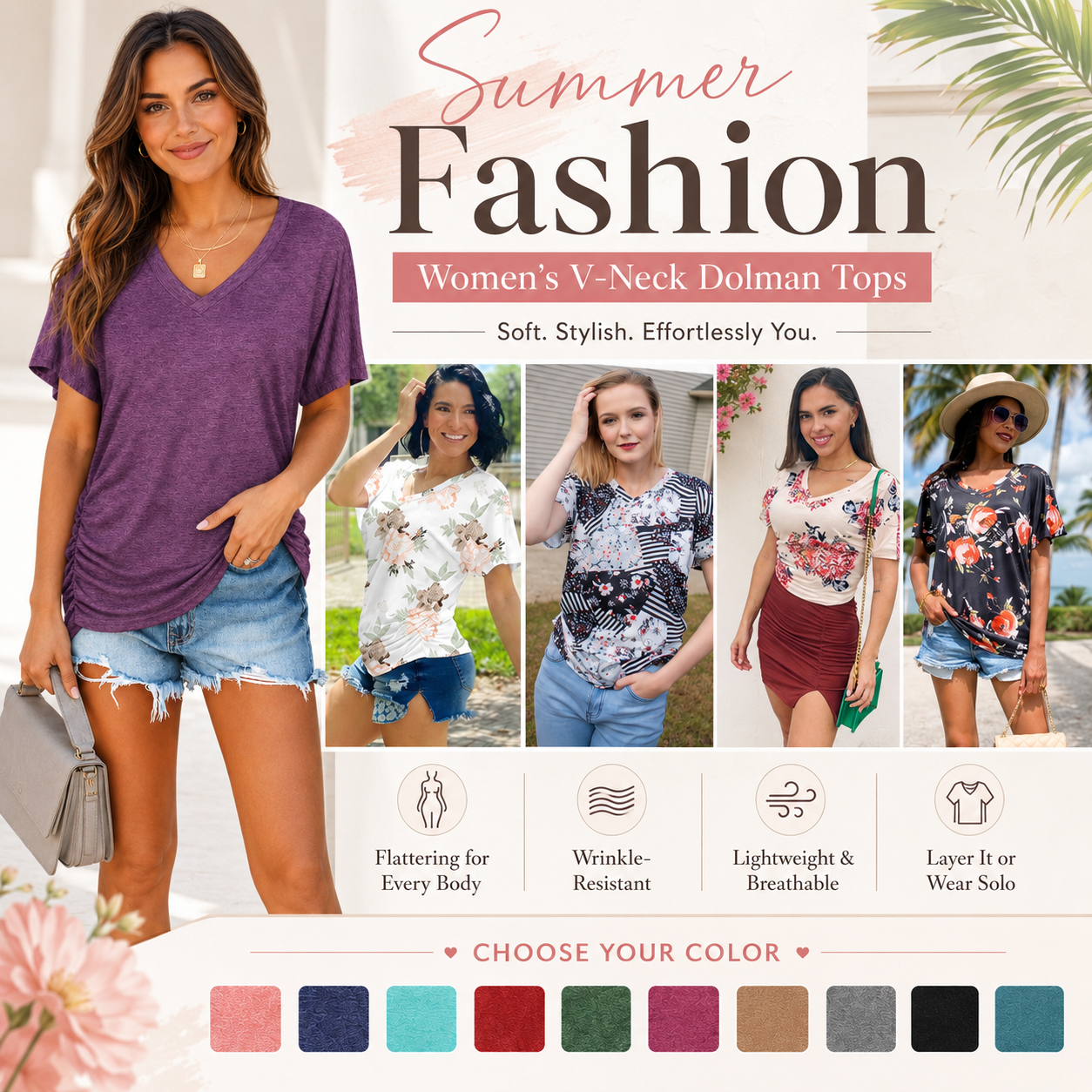 🎁 Almost Gone! ✨Womens Short Sleeve V Neck Dolman Tops with Side Shirring Loose Fit Shirts