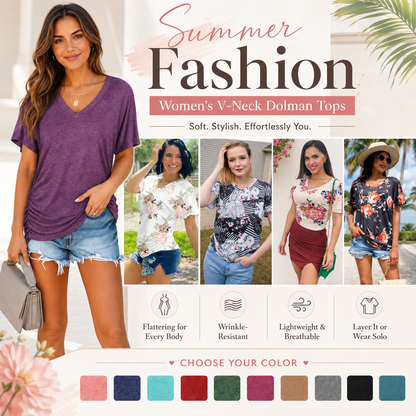 🎁 Almost Gone! ✨Womens Short Sleeve V Neck Dolman Tops with Side Shirring Loose Fit Shirts