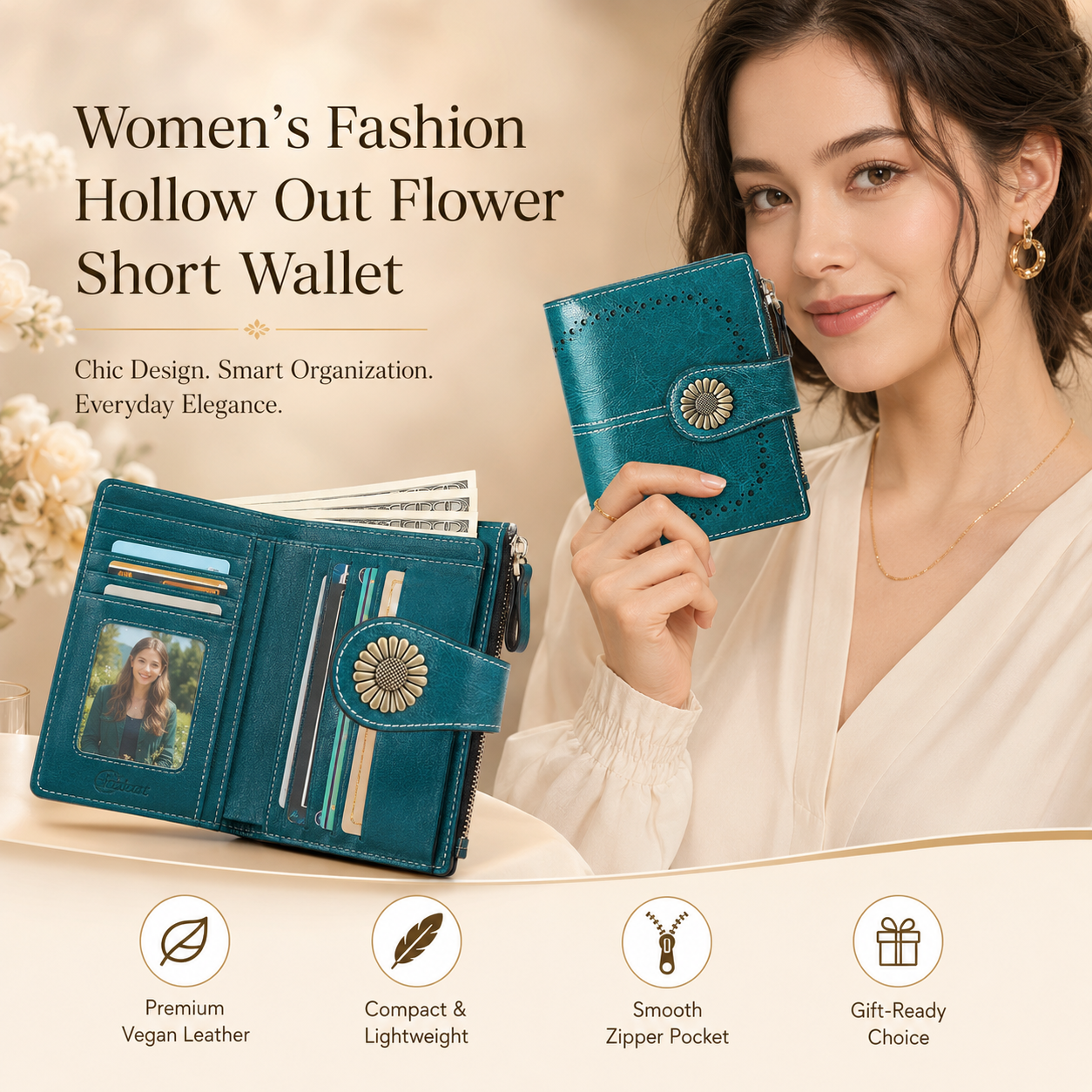 🎁 Almost Gone! ✨Women's Fashion Hollow Out Design Flower Decor Short Wallet