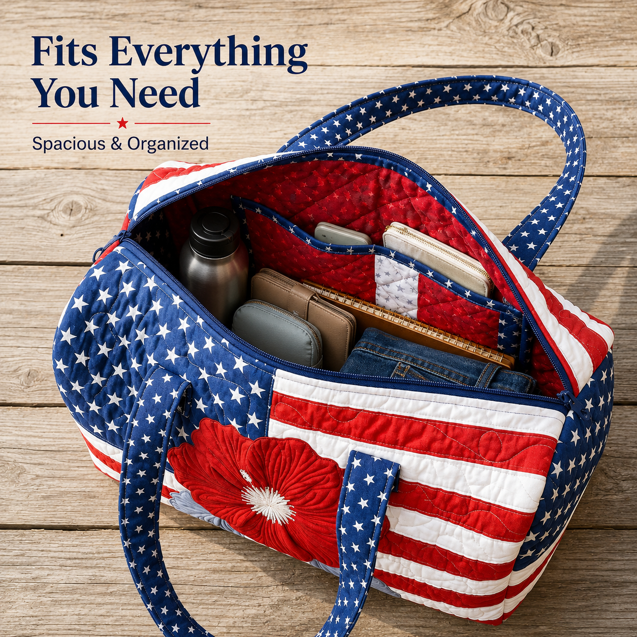 havitera®🛍️LAST DAY 50% OFF👜Patriotic Quilted Tote Bag | 3D Floral American Flag Travel Duffel