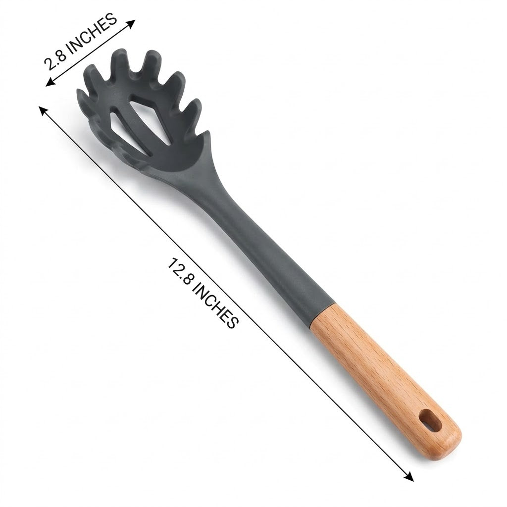 Havitera Silicone Spaghetti Spoon & Pasta Server - Heat Resistant Pasta Fork with Natural Wooden Handle - Non-Stick Kitchen Tool for Linguine, Fettuccine & Noodles