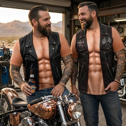 havitera® Personalized Six Pack ABS with Biker Vest Men Funny 3D T-Shirt – 😂🤘 Look Like a Biker, Feel Like a Legend!