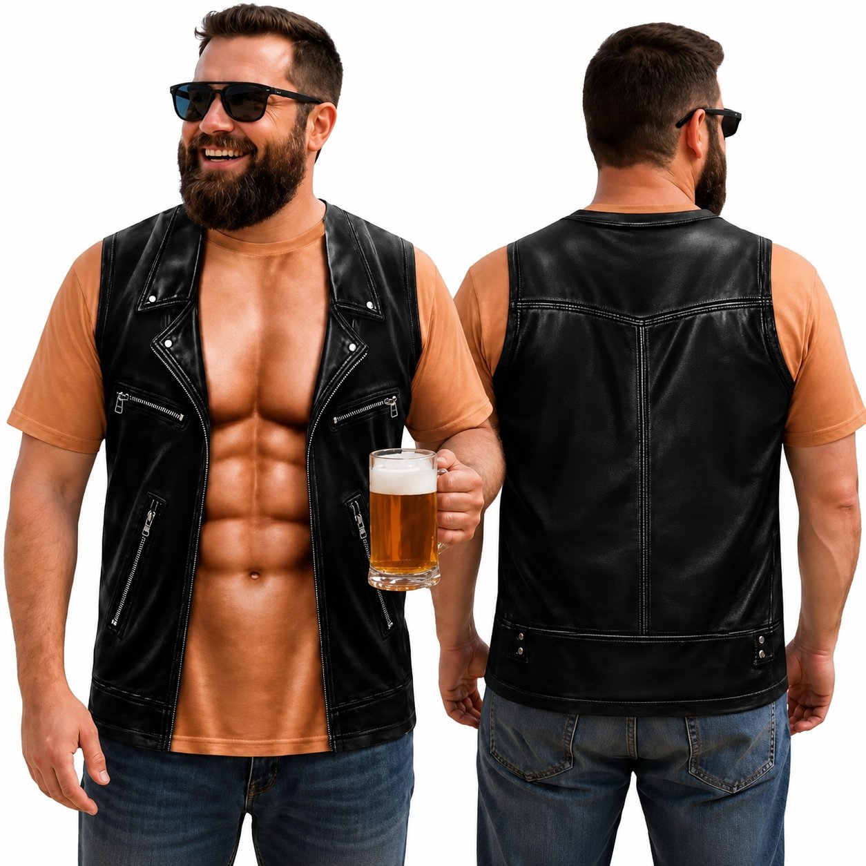 havitera® Personalized Six Pack ABS with Biker Vest Men Funny 3D T-Shirt – 😂🤘 Look Like a Biker, Feel Like a Legend!