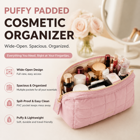 👜Puffy Padded Travel Cosmetic Organizer for Women, Wide-Open Makeup Case for Toiletries, Accessories, and Brushes
