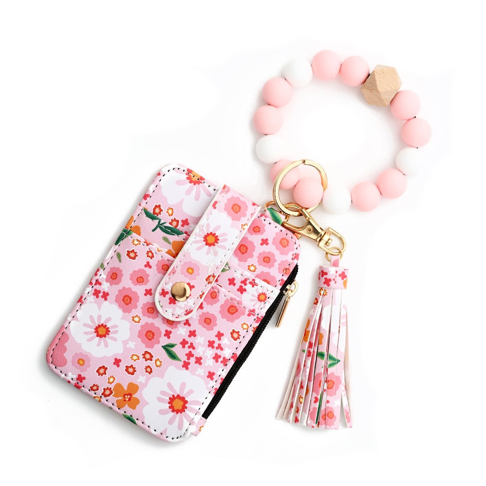 🎁Women's Boho Style Beaded & Tassel Decorated Keychain with Flower Pattern Wallet