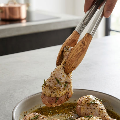 Havitera Premium Wooden Kitchen Tongs - 12" Stainless Steel & Olive Wood Cooking Tongs - Versatile Food Server for Salad, Bread, Grilling & BBQ