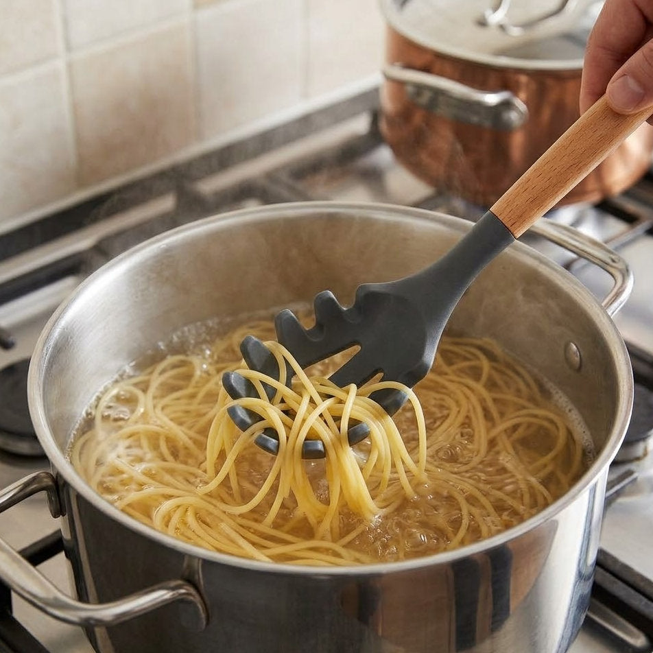 Havitera Silicone Spaghetti Spoon & Pasta Server - Heat Resistant Pasta Fork with Natural Wooden Handle - Non-Stick Kitchen Tool for Linguine, Fettuccine & Noodles