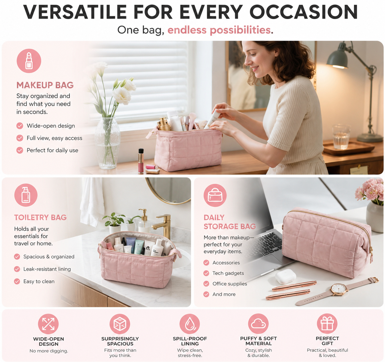 👜Puffy Padded Travel Cosmetic Organizer for Women, Wide-Open Makeup Case for Toiletries, Accessories, and Brushes