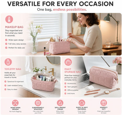 👜Puffy Padded Travel Cosmetic Organizer for Women, Wide-Open Makeup Case for Toiletries, Accessories, and Brushes