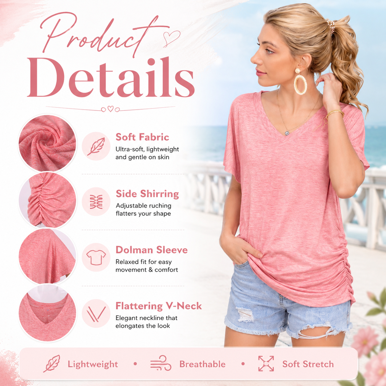 🎁 Almost Gone! ✨Womens Short Sleeve V Neck Dolman Tops with Side Shirring Loose Fit Shirts