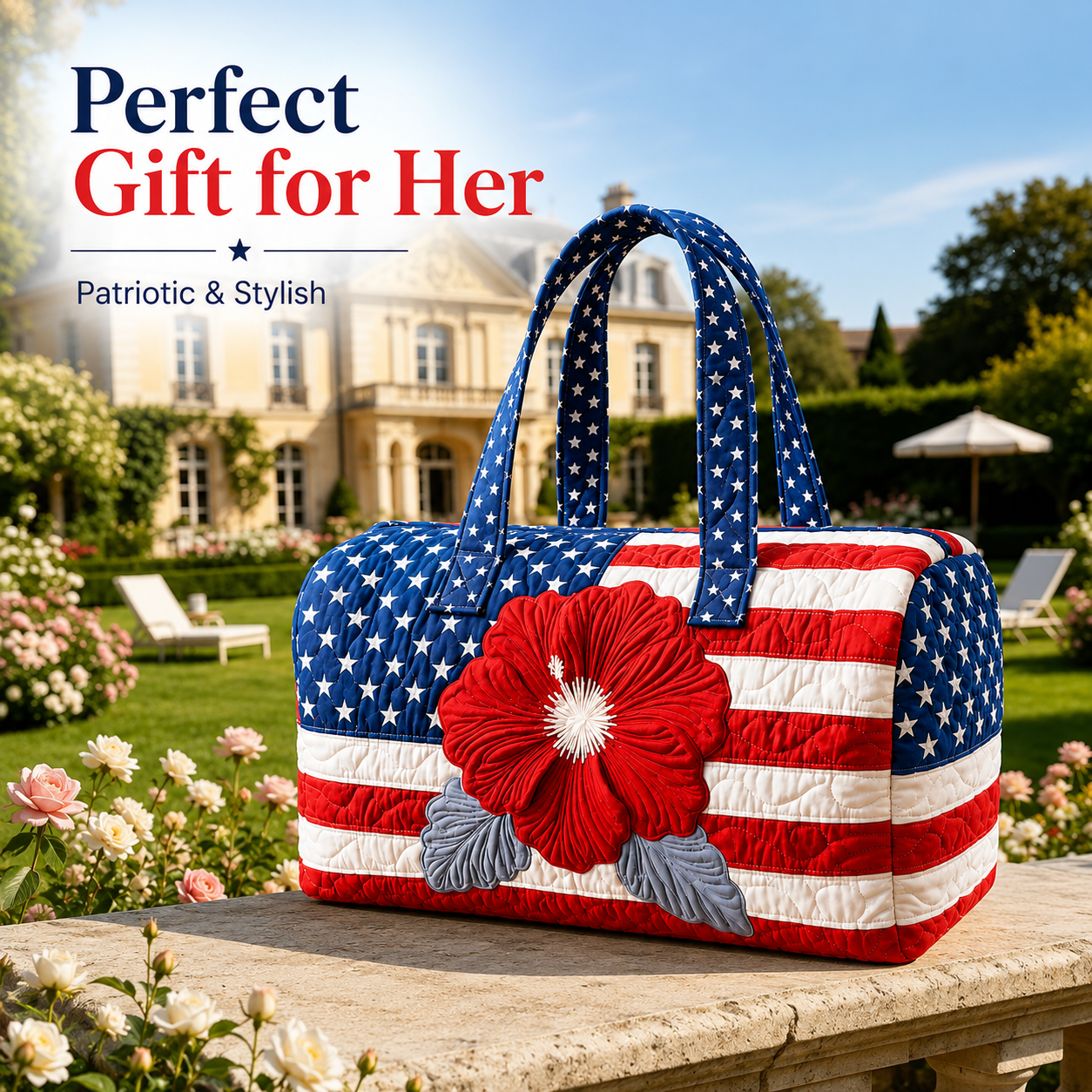 havitera®🛍️LAST DAY 50% OFF👜Patriotic Quilted Tote Bag | 3D Floral American Flag Travel Duffel