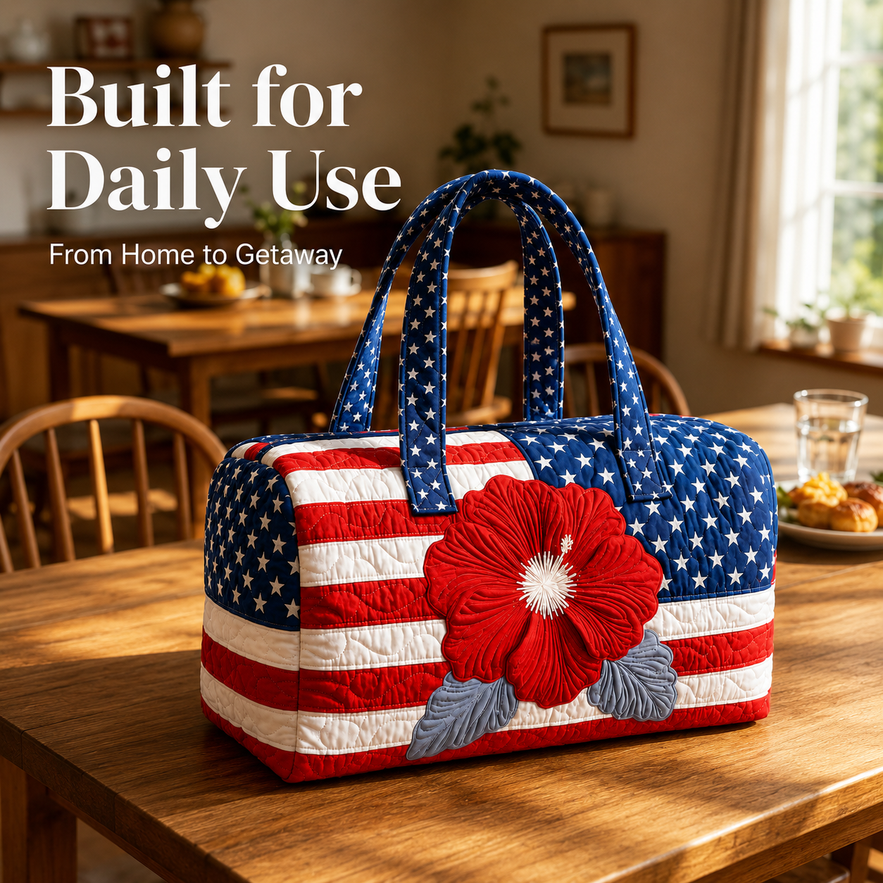 havitera®🛍️LAST DAY 50% OFF👜Patriotic Quilted Tote Bag | 3D Floral American Flag Travel Duffel