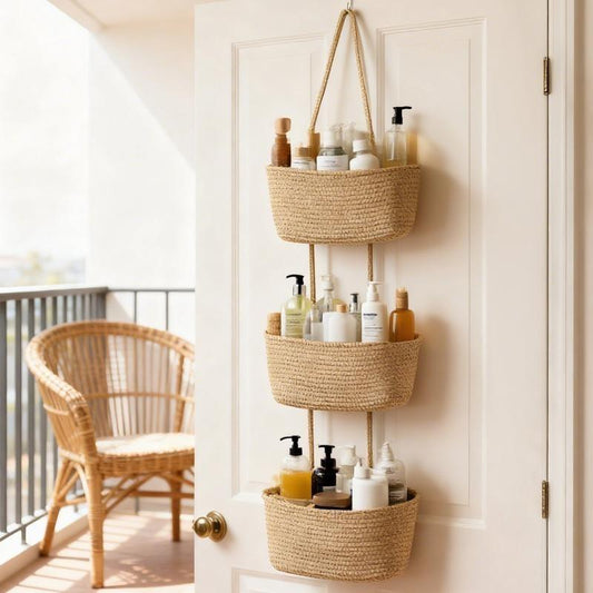 🧺Woven cotton 3-Tier Over the Door Basket, Wall-Mounted Jute Storage Organizer🔥