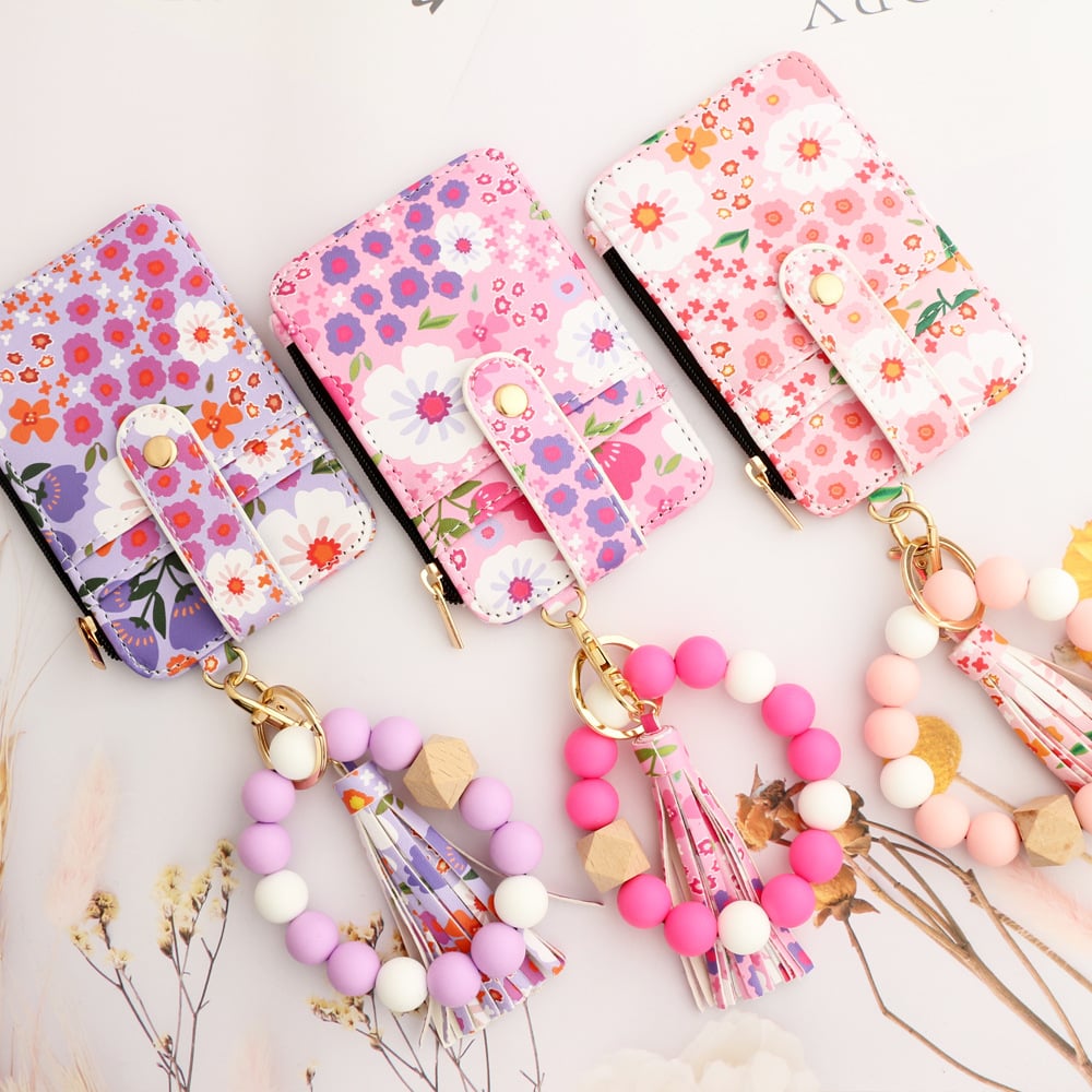 🎁Women's Boho Style Beaded & Tassel Decorated Keychain with Flower Pattern Wallet
