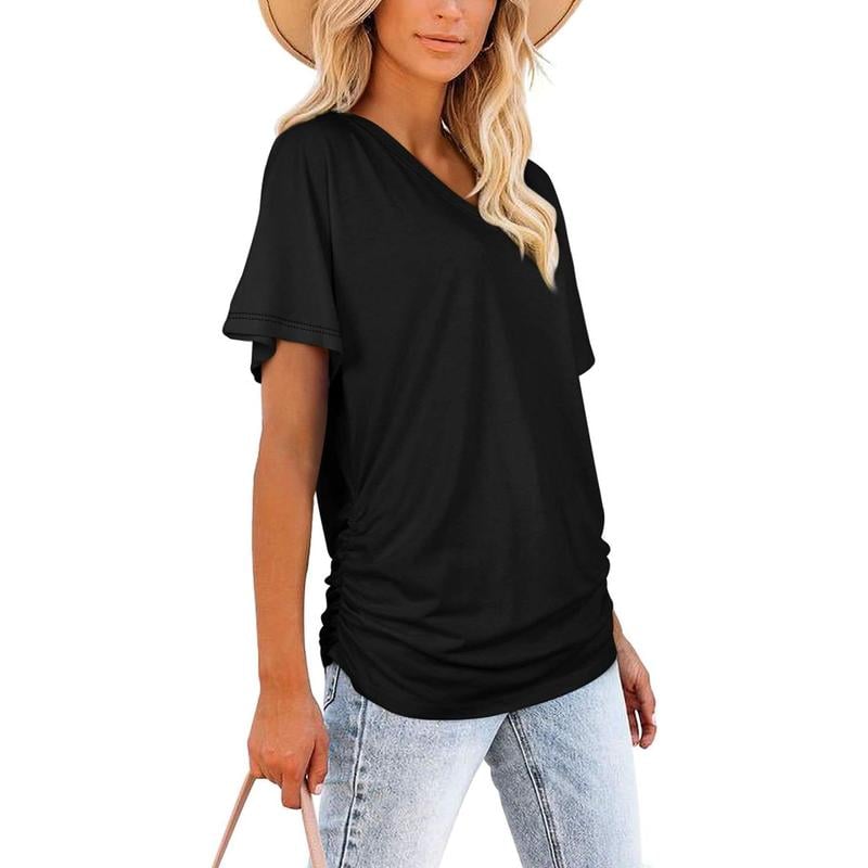 🎁 Almost Gone! ✨Womens Short Sleeve V Neck Dolman Tops with Side Shirring Loose Fit Shirts