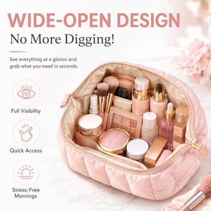 👜Puffy Padded Travel Cosmetic Organizer for Women, Wide-Open Makeup Case for Toiletries, Accessories, and Brushes