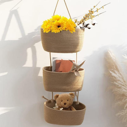 🧺Woven cotton 3-Tier Over the Door Basket, Wall-Mounted Jute Storage Organizer🔥