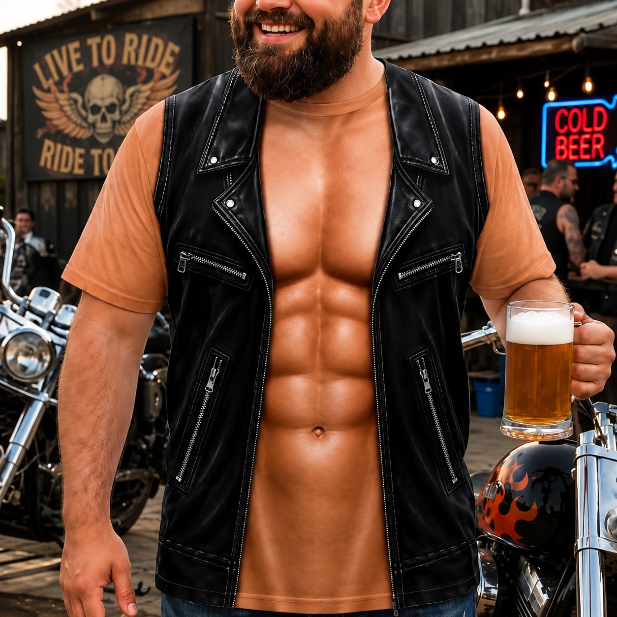 havitera® Personalized Six Pack ABS with Biker Vest Men Funny 3D T-Shirt – 😂🤘 Look Like a Biker, Feel Like a Legend!