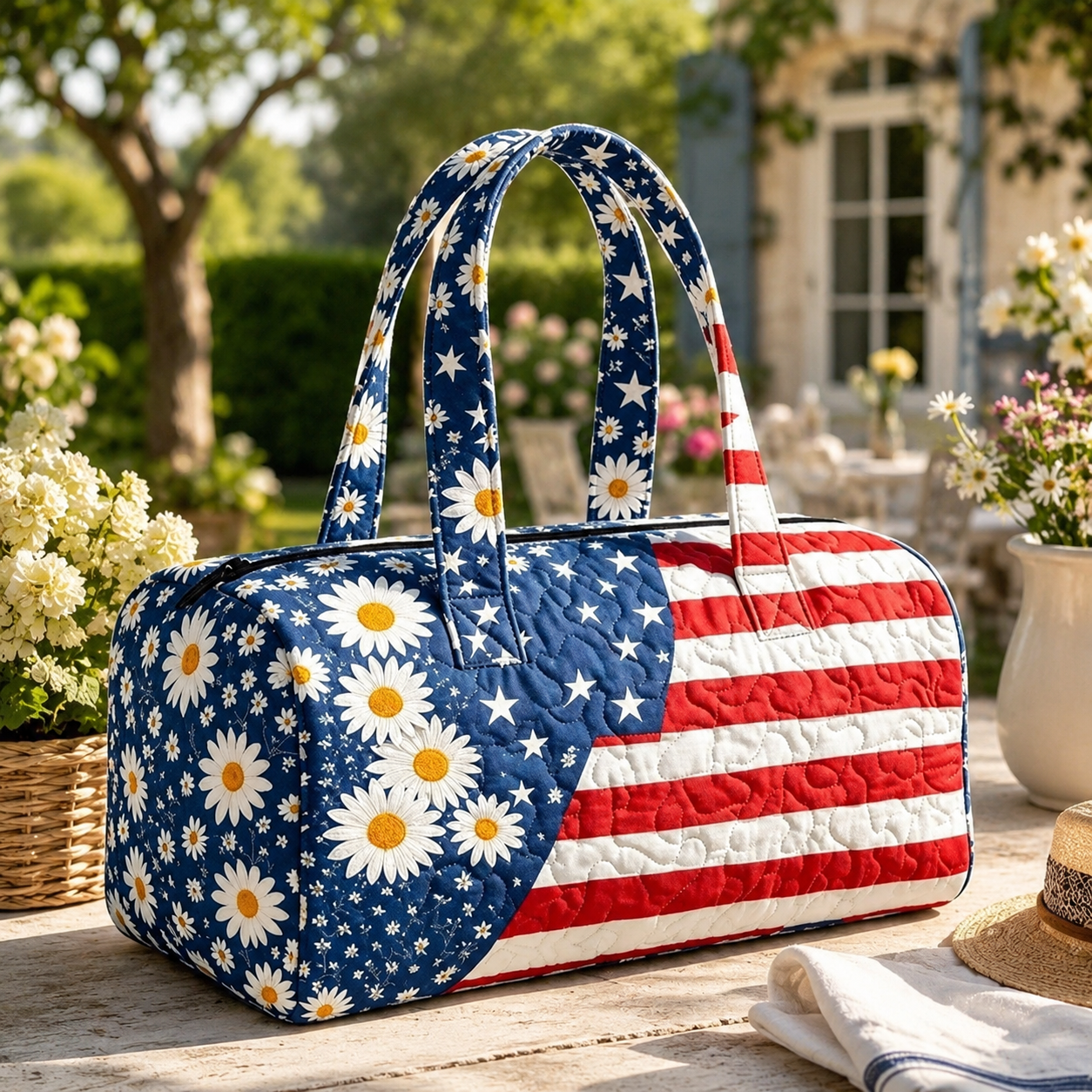 havitera®🛍️LAST DAY 50% OFF👜Patriotic Quilted Tote Bag | 3D Floral American Flag Travel Duffel