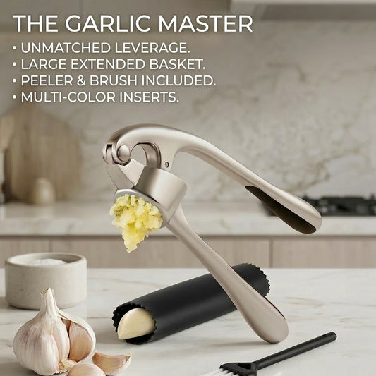 Complete Kitchen Garlic Press Set: Ergonomic Soft Handle Garlic Mincer, Silicone Peeler, and Cleaning Brush (3-Piece Set)