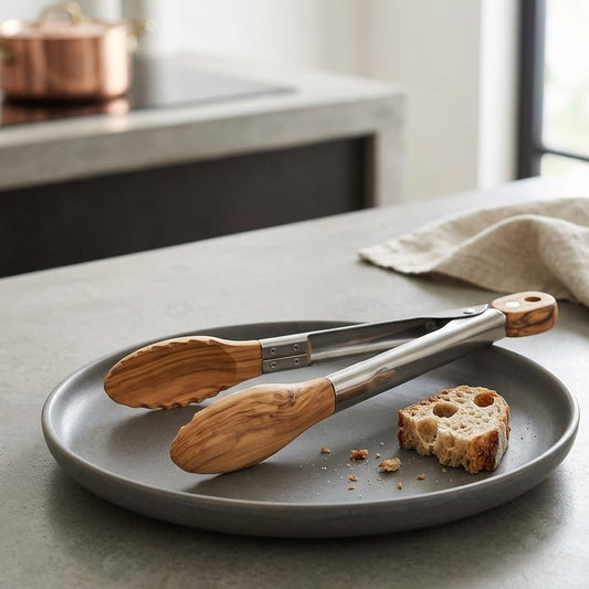 Havitera Premium Wooden Kitchen Tongs - 12" Stainless Steel & Olive Wood Cooking Tongs - Versatile Food Server for Salad, Bread, Grilling & BBQ