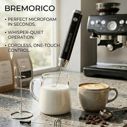 BREMORICO Double Whisk Electric Milk Frother: High-Speed Handheld Mixer for Velvety Foam