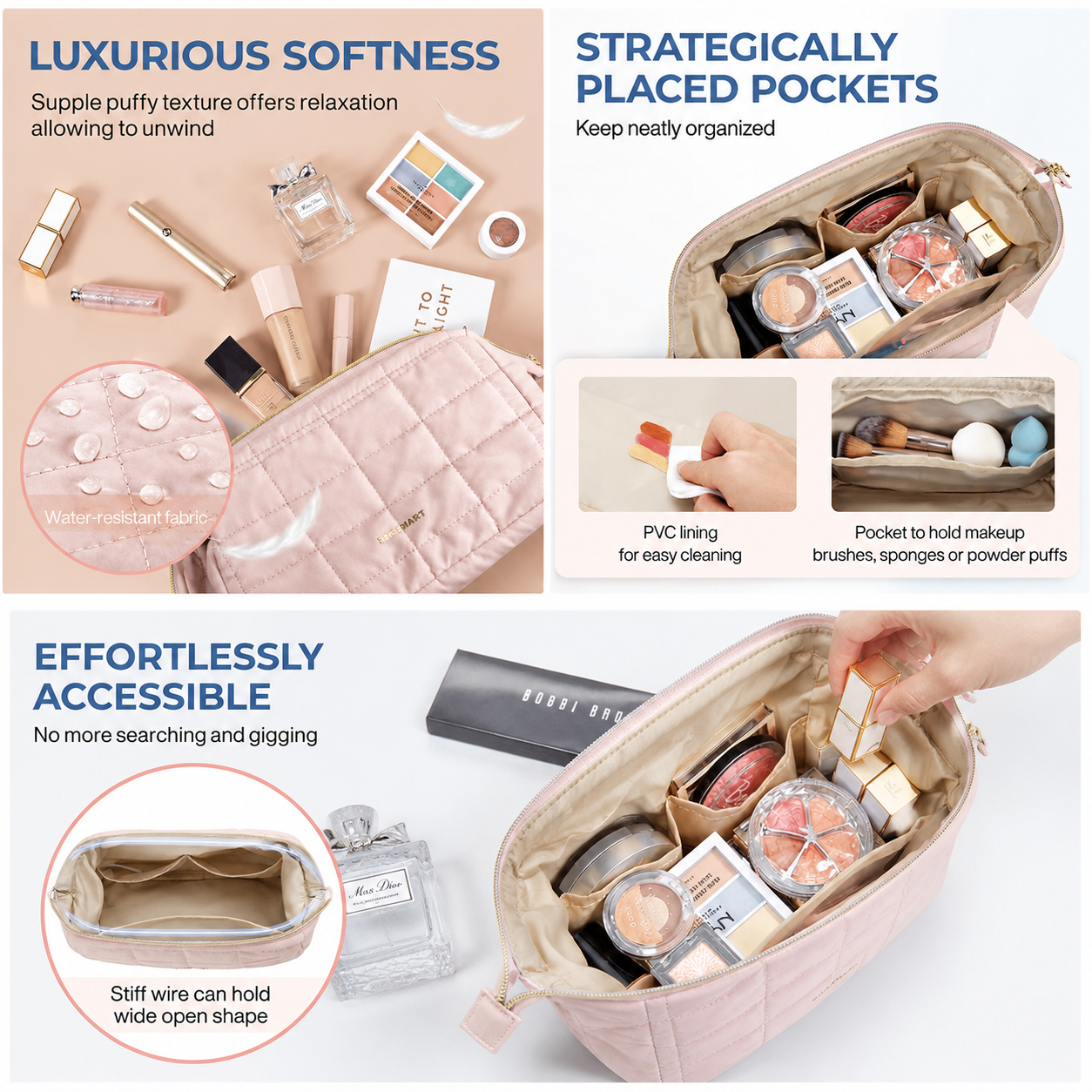 👜Puffy Padded Travel Cosmetic Organizer for Women, Wide-Open Makeup Case for Toiletries, Accessories, and Brushes