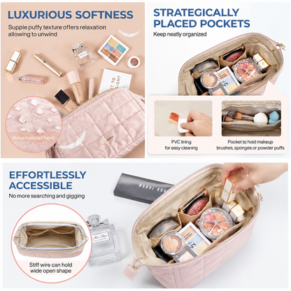 👜Puffy Padded Travel Cosmetic Organizer for Women, Wide-Open Makeup Case for Toiletries, Accessories, and Brushes