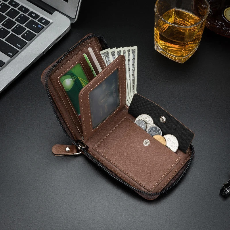 2026 New Men's Bifold Wallet - PU Leather, Retro Style Short Mens Wallet, Zipper Card Holder, Coin Storage Money Bag, Men's Accessories, Do Not Wash, Summervibes