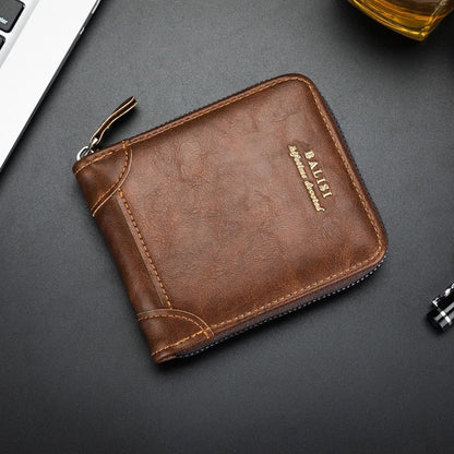 2026 New Men's Bifold Wallet - PU Leather, Retro Style Short Mens Wallet, Zipper Card Holder, Coin Storage Money Bag, Men's Accessories, Do Not Wash, Summervibes