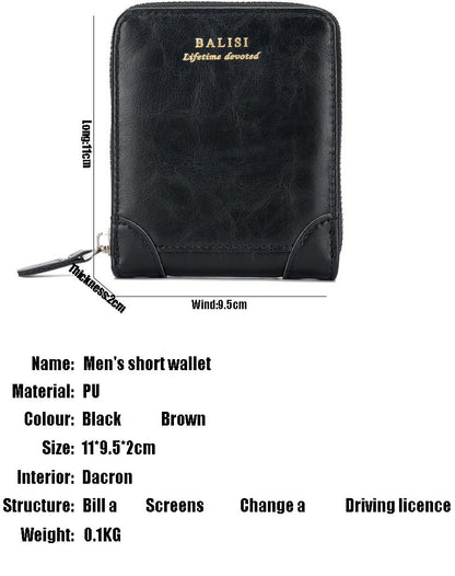2026 New Men's Bifold Wallet - PU Leather, Retro Style Short Mens Wallet, Zipper Card Holder, Coin Storage Money Bag, Men's Accessories, Do Not Wash, Summervibes