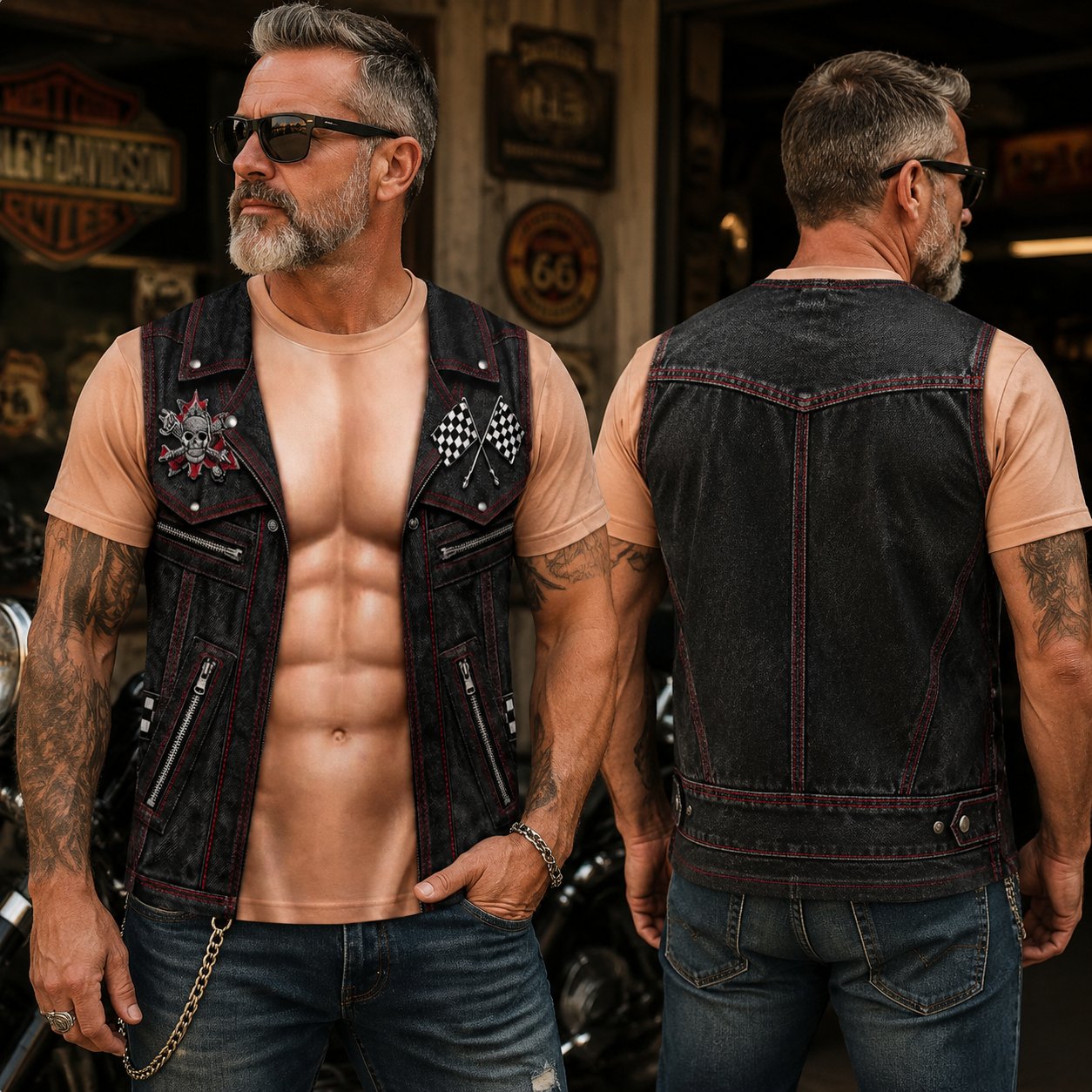havitera® Personalized Six Pack ABS with Biker Vest Men Funny 3D T-Shirt – 😂🤘 Look Like a Biker, Feel Like a Legend!