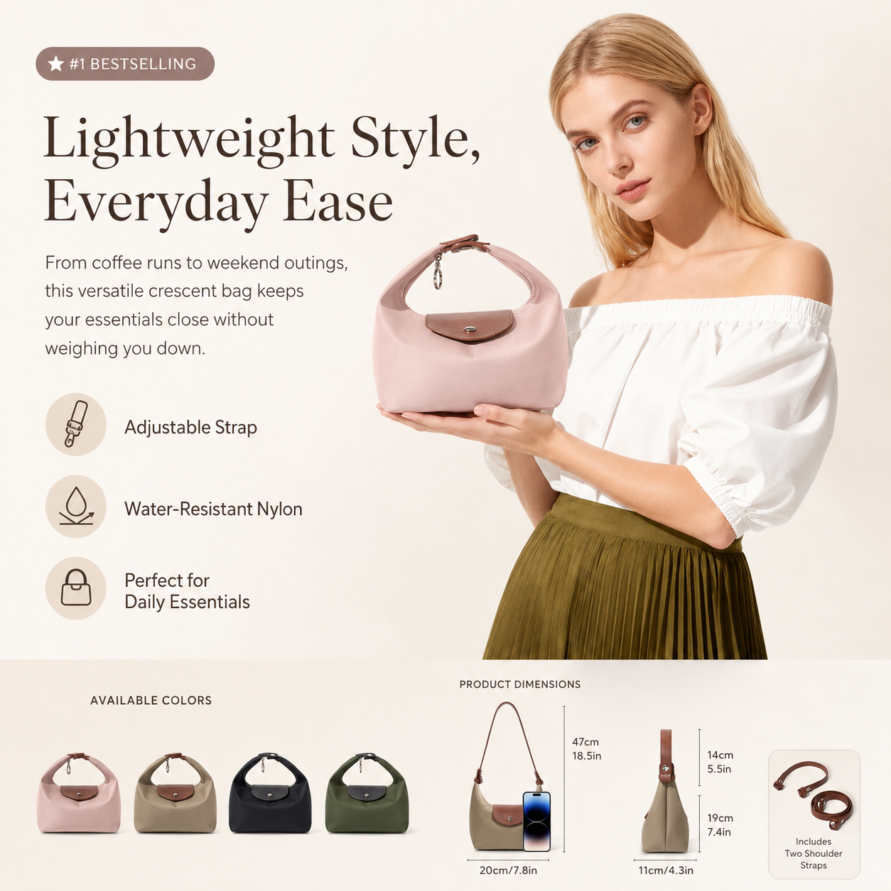 🏆1 Bestselling🏆Fashion Crescent Bag – Lightweight Nylon Handbag with Adjustable Strap