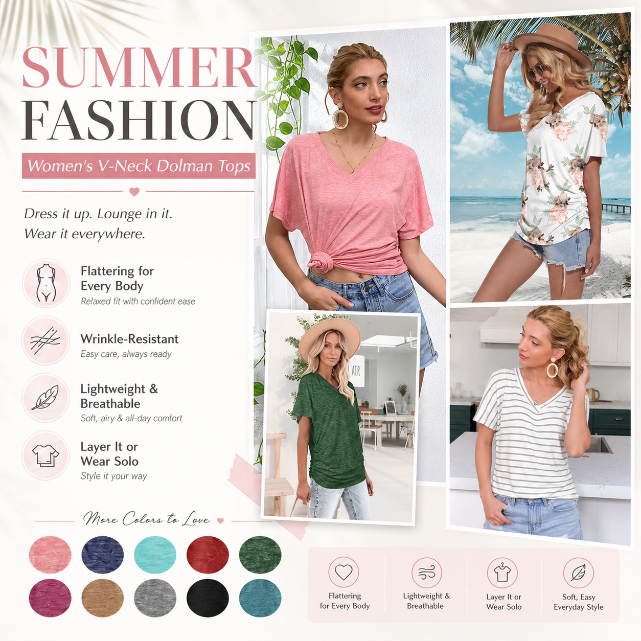 🎁 Almost Gone! ✨Womens Short Sleeve V Neck Dolman Tops with Side Shirring Loose Fit Shirts