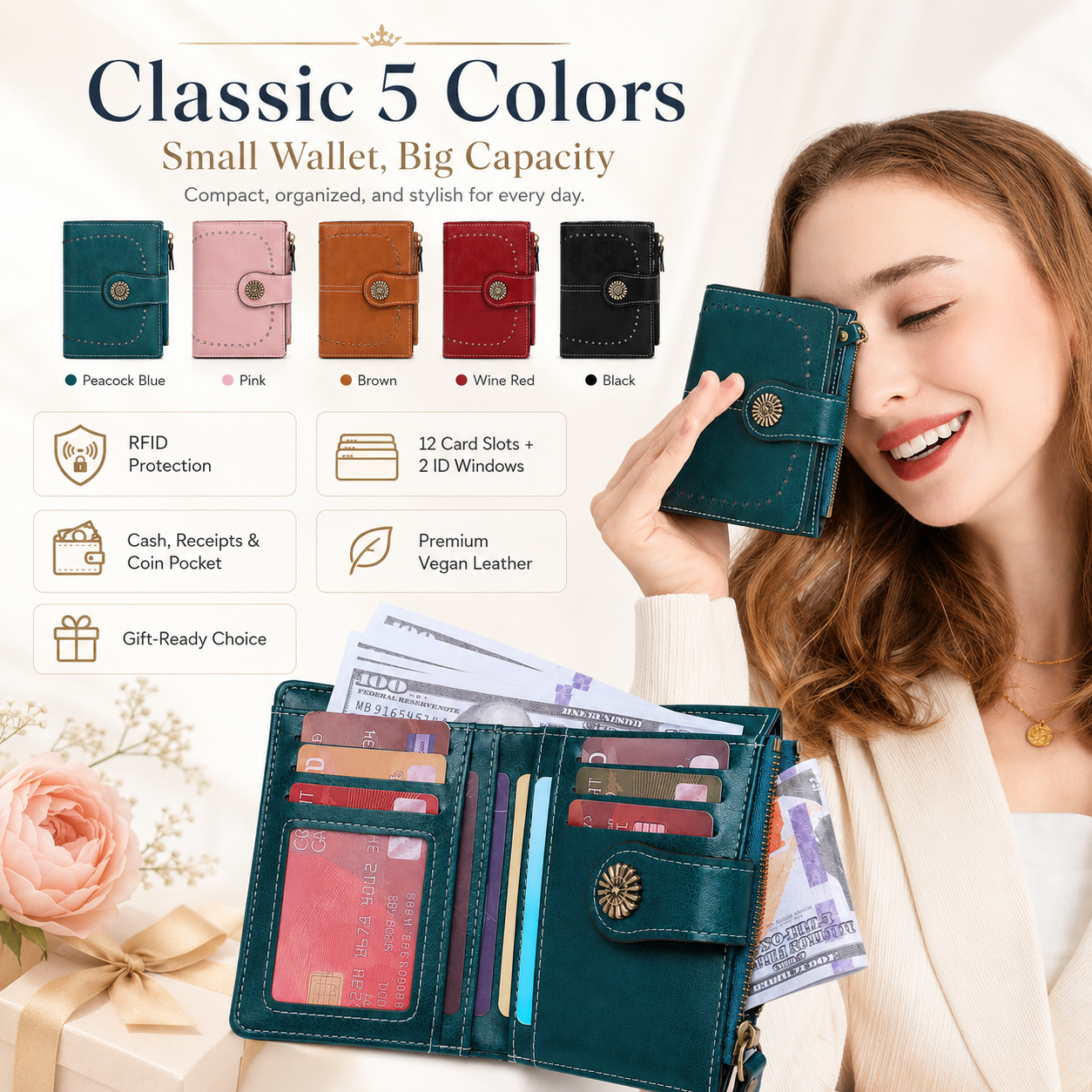 🔥Blind Box 3pcs✨Women's Fashion Hollow Out Design Flower Decor Short Wallet(Random Colors)