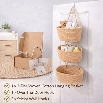🧺Woven cotton 3-Tier Over the Door Basket, Wall-Mounted Jute Storage Organizer🔥