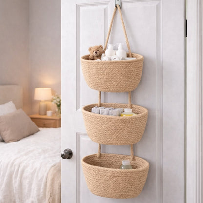 🧺Woven cotton 3-Tier Over the Door Basket, Wall-Mounted Jute Storage Organizer🔥